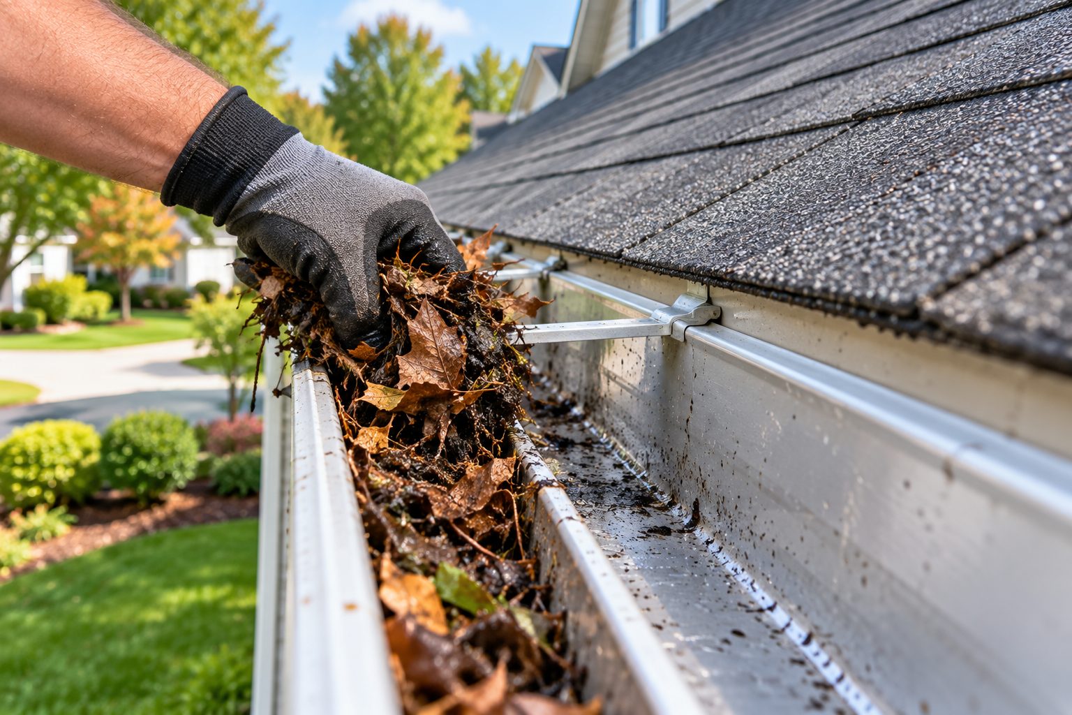 Hand-cleaning a gutter packed with debris in Jupiter