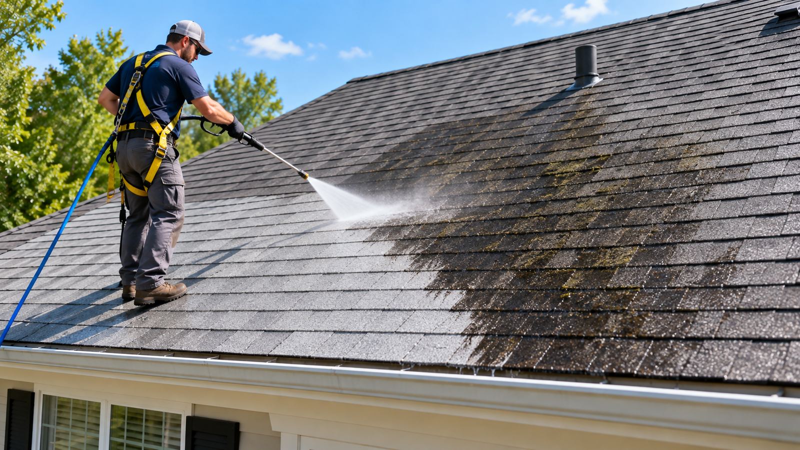 Roof cleaning removing dark algae streaks from a Jupiter roof